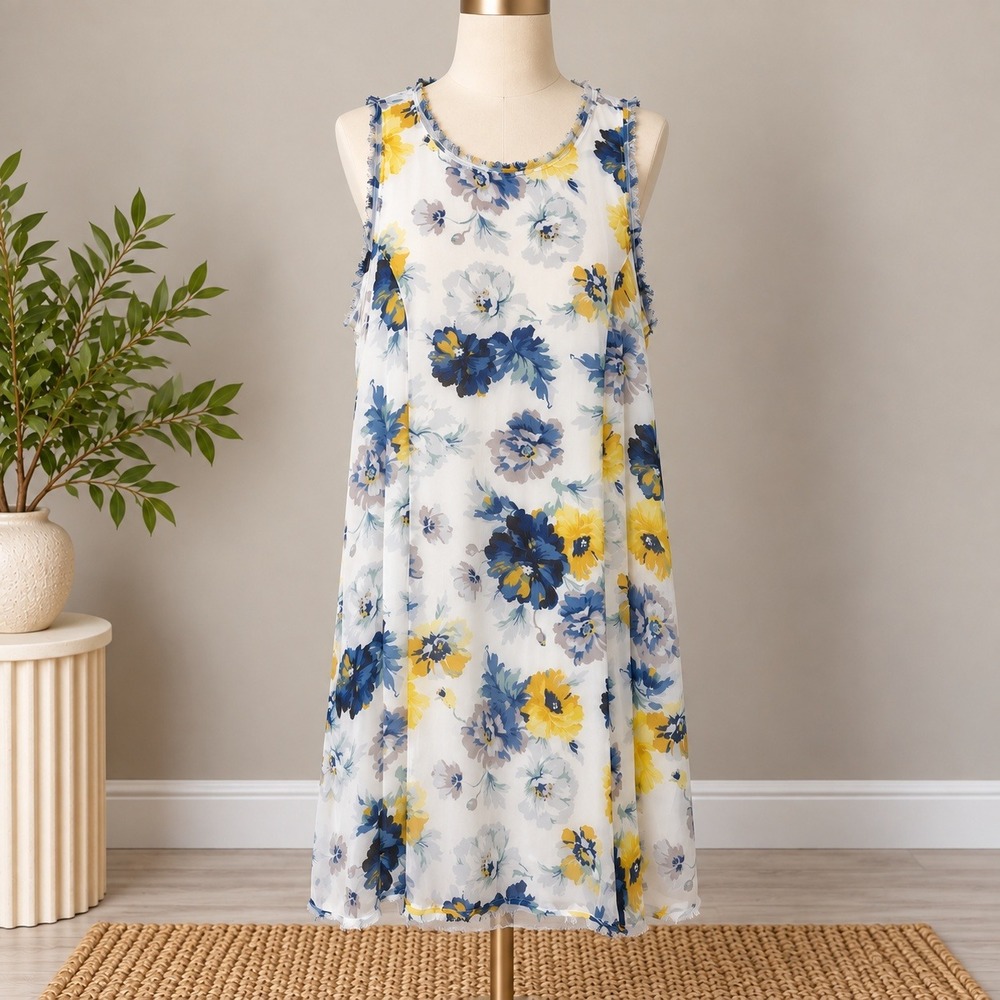 Abercrombie & Fitch Floral Shift Dress Keyhole Back Fringe Sz L Brunch Garden